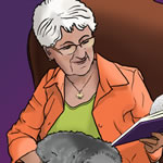 An older woman with glasses, reading a book