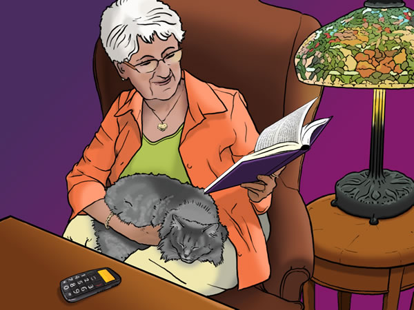 An older woman sits with her cat on her lap, reading a large print book