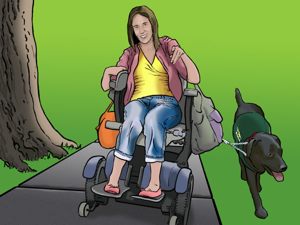 A young woman in a motorized wheelchair, walks with a service dog. 