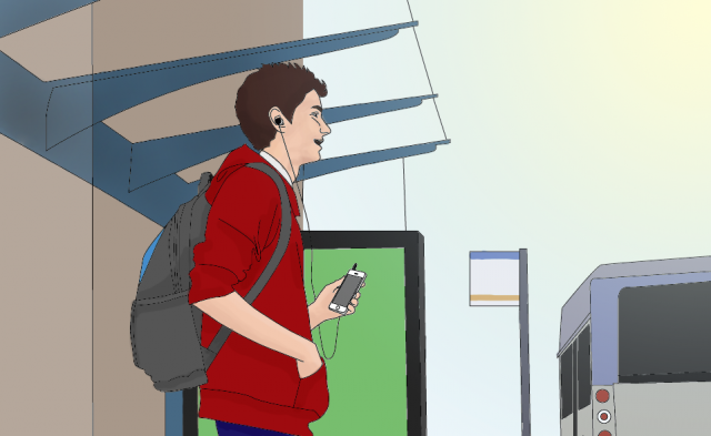 A young man with a backpack, listening to a mobile device, waiting at a bus stop